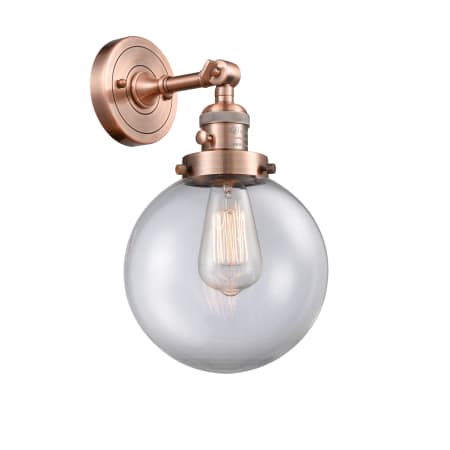 A large image of the Innovations Lighting 203SW-8 Beacon Antique Copper / Clear