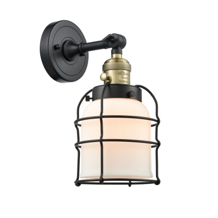 A large image of the Innovations Lighting 203SW Small Bell Cage Black Antique Brass / Matte White Cased