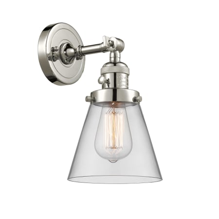A large image of the Innovations Lighting 203SW Small Cone Polished Nickel / Clear