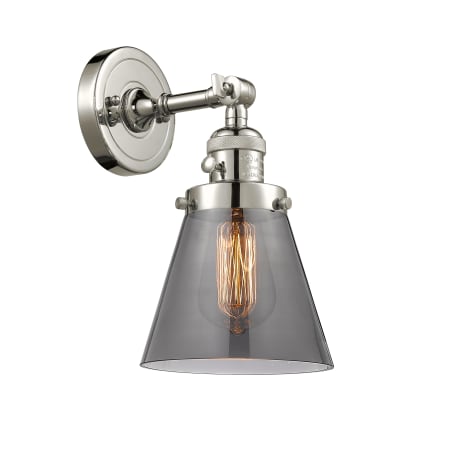 A large image of the Innovations Lighting 203SW Small Cone Polished Nickel / Smoked