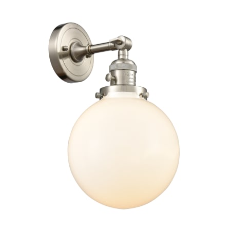 A large image of the Innovations Lighting 203SW-8 Beacon Brushed Satin Nickel / Matte White