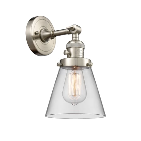 A large image of the Innovations Lighting 203SW Small Cone Brushed Satin Nickel / Clear