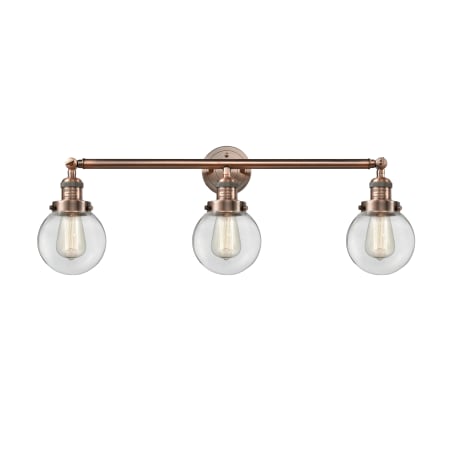 A large image of the Innovations Lighting 205-S-6 Beacon Antique Copper / Clear