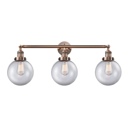 A large image of the Innovations Lighting 205-S-8 Beacon Antique Copper / Clear