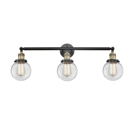 A large image of the Innovations Lighting 205-S-6 Beacon Black Antique Brass / Clear