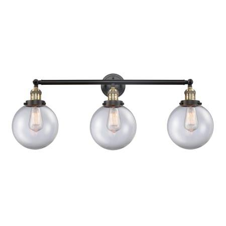 A large image of the Innovations Lighting 205-S-8 Beacon Black Antique Brass / Clear