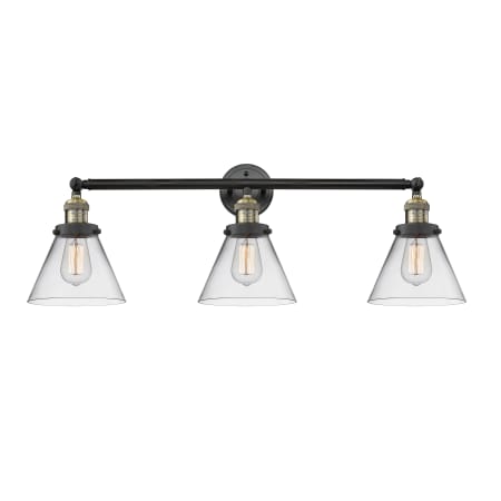 A large image of the Innovations Lighting 205-S Large Cone Black Antique Brass / Clear