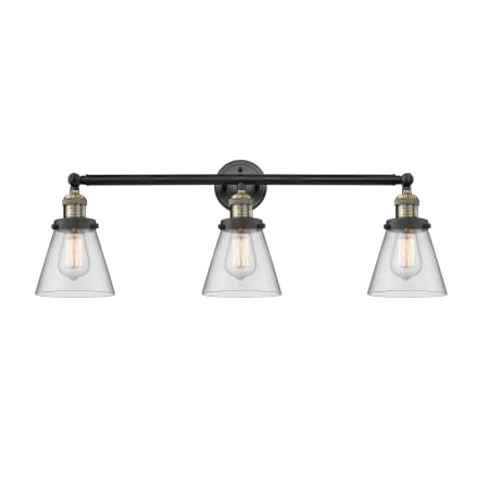 A large image of the Innovations Lighting 205-S Small Cone Black Antique Brass / Clear