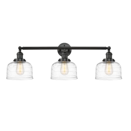 A large image of the Innovations Lighting 205-11-32 Bell Vanity Matte Black / Clear Deco Swirl