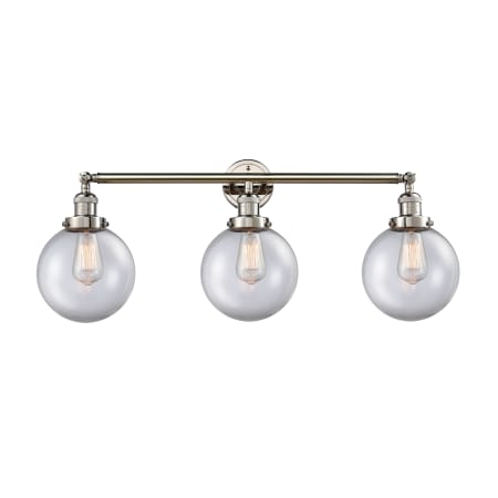 A large image of the Innovations Lighting 205-S-8 Beacon Polished Nickel / Clear