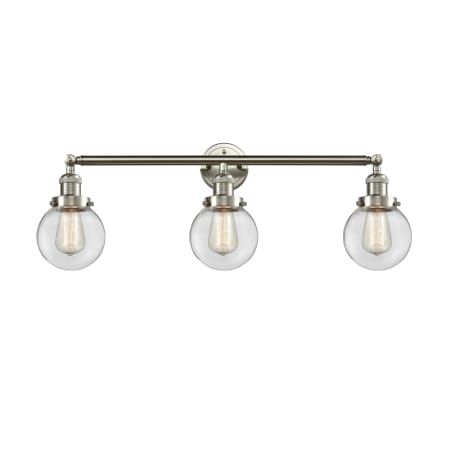 A large image of the Innovations Lighting 205-S-6 Beacon Brushed Satin Nickel / Clear