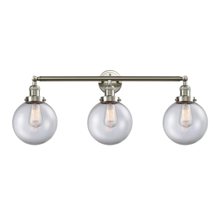 A large image of the Innovations Lighting 205-S-8 Beacon Brushed Satin Nickel / Clear