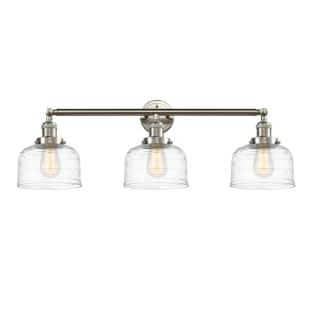 A large image of the Innovations Lighting 205-11-32 Bell Vanity Brushed Satin Nickel / Clear Deco Swirl