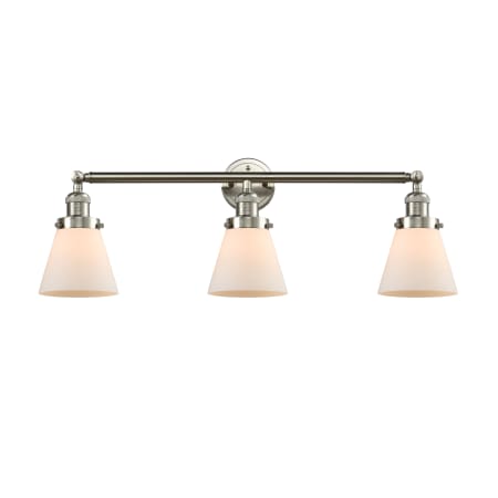 A large image of the Innovations Lighting 205-S Small Cone Brushed Satin Nickel / Matte White