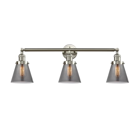 A large image of the Innovations Lighting 205-S Small Cone Brushed Satin Nickel / Smoked