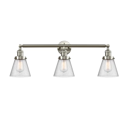 A large image of the Innovations Lighting 205-S Small Cone Brushed Satin Nickel / Seedy