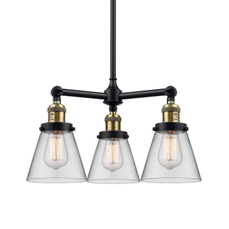 A large image of the Innovations Lighting 207 Small Cone Black / Antique Brass / Clear