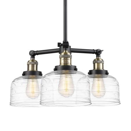 A large image of the Innovations Lighting 207-11-22 Bell Chandelier Black Antique Brass / Clear Deco Swirl