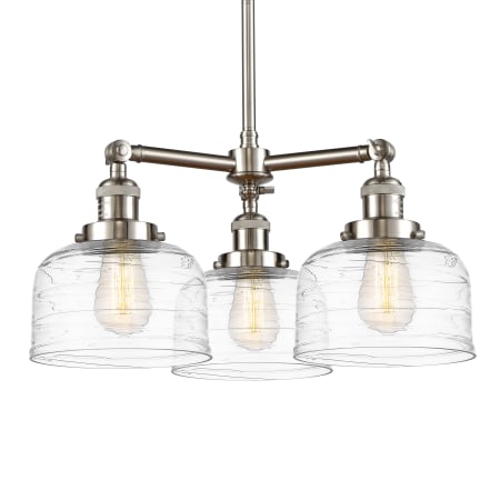 A large image of the Innovations Lighting 207-11-22 Bell Chandelier Brushed Satin Nickel / Clear Deco Swirl