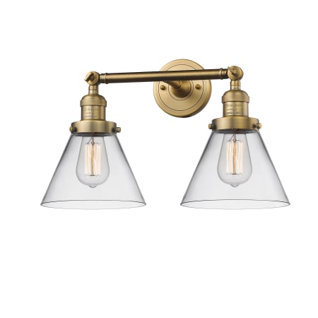 A large image of the Innovations Lighting 208 Large Cone Brushed Brass / Clear
