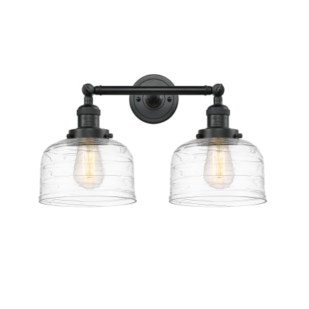 A large image of the Innovations Lighting 208-12-19 Bell Vanity Matte Black / Clear Deco Swirl