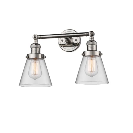 A large image of the Innovations Lighting 208 Small Cone Polished Nickel / Clear