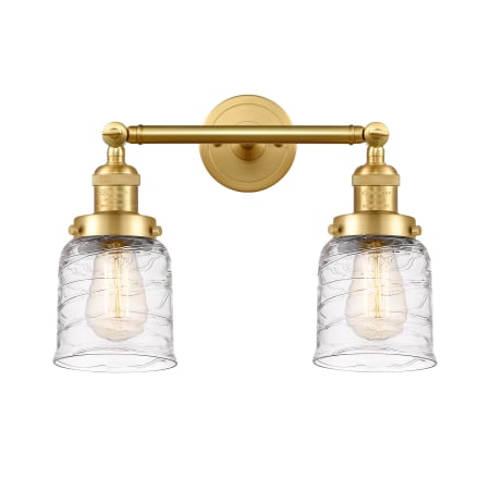 A large image of the Innovations Lighting 208-10-16 Bell Vanity Satin Gold / Deco Swirl