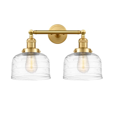 A large image of the Innovations Lighting 208-12-19 Bell Vanity Satin Gold / Clear Deco Swirl