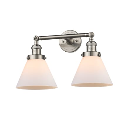 A large image of the Innovations Lighting 208 Large Cone Satin Brushed Nickel / Matte White Cased