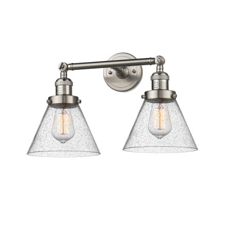 A large image of the Innovations Lighting 208 Large Cone Satin Brushed Nickel / Seedy