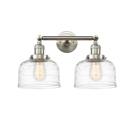 A large image of the Innovations Lighting 208-12-19 Bell Vanity Brushed Satin Nickel / Clear Deco Swirl