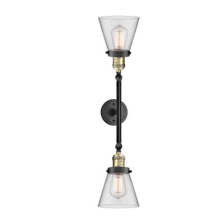 A large image of the Innovations Lighting 208L Small Cone Black Antique Brass / Clear