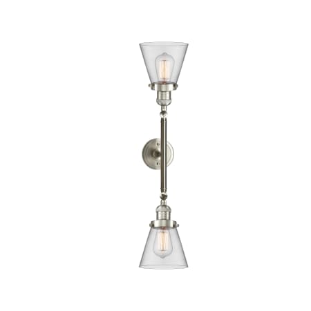 A large image of the Innovations Lighting 208L Small Cone Brushed Satin Nickel / Clear