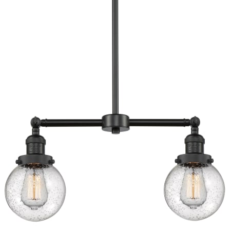 A large image of the Innovations Lighting 209-6 Beacon Matte Black / Seedy Globe