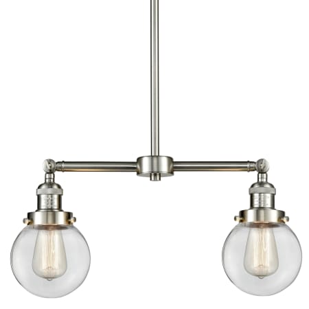 A large image of the Innovations Lighting 209-6 Beacon Brushed Satin Nickel / Clear