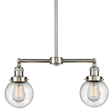 A large image of the Innovations Lighting 209-6 Beacon Brushed Satin Nickel / Seedy Globe