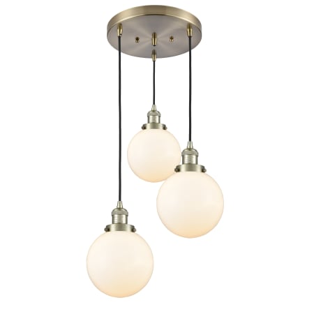 A large image of the Innovations Lighting 211/3-8 Beacon Antique Brass / Matte White Cased