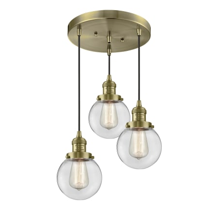 A large image of the Innovations Lighting 211/3-6 Beacon Antique Brass / Clear