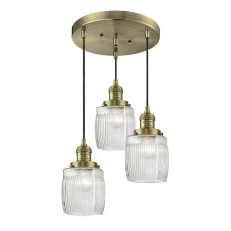 A large image of the Innovations Lighting 211/3 Colton Antique Brass / Clear Halophane