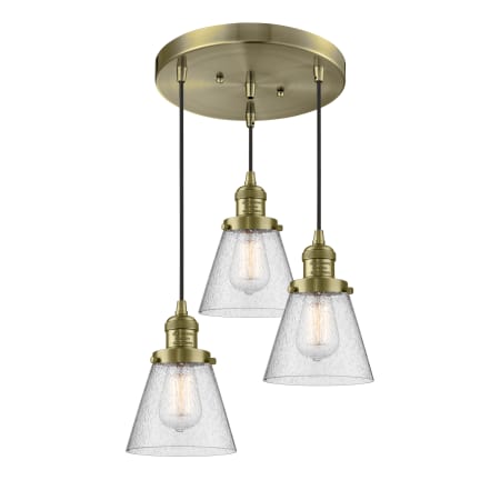 A large image of the Innovations Lighting 211/3 Small Cone Antique Brass / Seedy