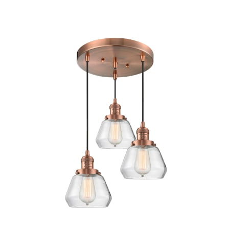 A large image of the Innovations Lighting 211/3 Fulton Antique Copper / Clear