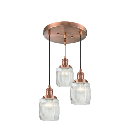 A large image of the Innovations Lighting 211/3 Colton Antique Copper / Clear Halophane