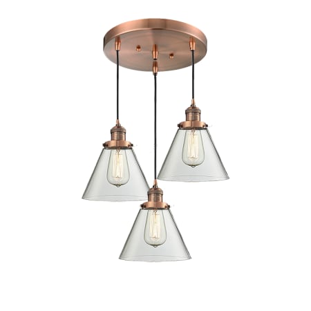 A large image of the Innovations Lighting 211/3 Large Cone Antique Copper / Clear
