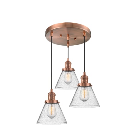 A large image of the Innovations Lighting 211/3 Large Cone Antique Copper / Seedy