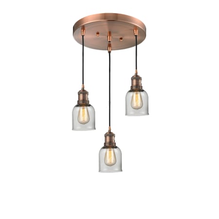 A large image of the Innovations Lighting 211/3 Small Bell Antique Copper / Clear