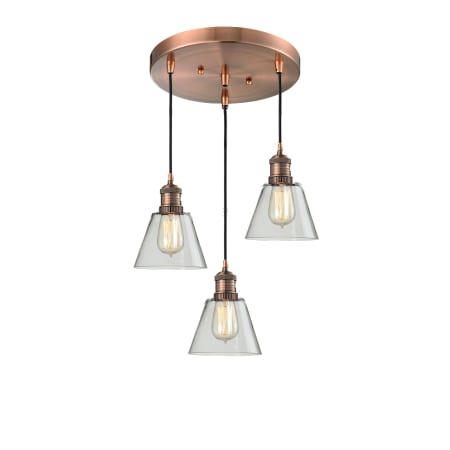 A large image of the Innovations Lighting 211/3 Small Cone Antique Copper / Clear