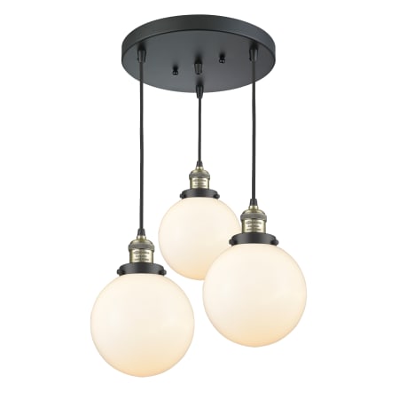 A large image of the Innovations Lighting 211/3-8 Beacon Black Antique Brass / Matte White Cased