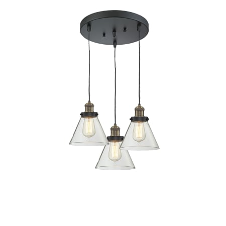 A large image of the Innovations Lighting 211/3 Large Cone Black Antique Brass / Clear