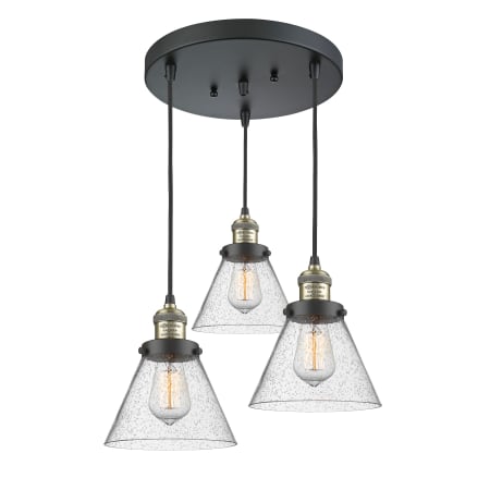 A large image of the Innovations Lighting 211/3 Large Cone Black Antique Brass / Seedy