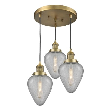 A large image of the Innovations Lighting 211/3 Geneseo Brushed Brass / Clear Crackle